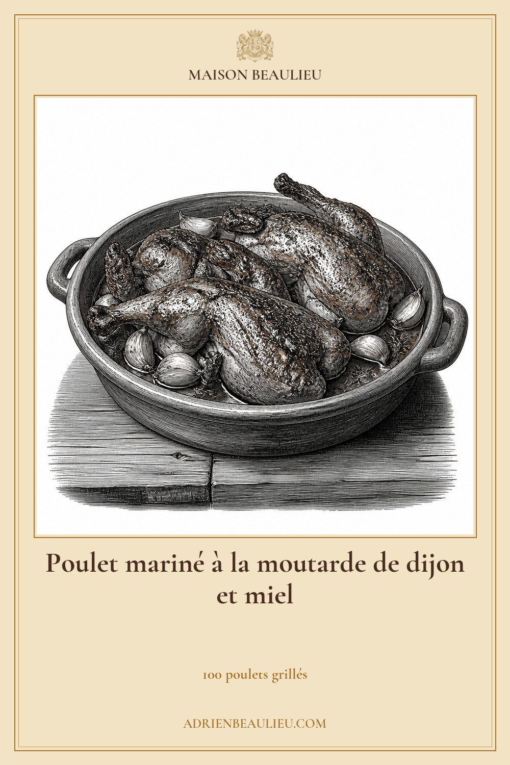 Illustration culinaire : poulet mariné à la moutarde de dijon et miel.