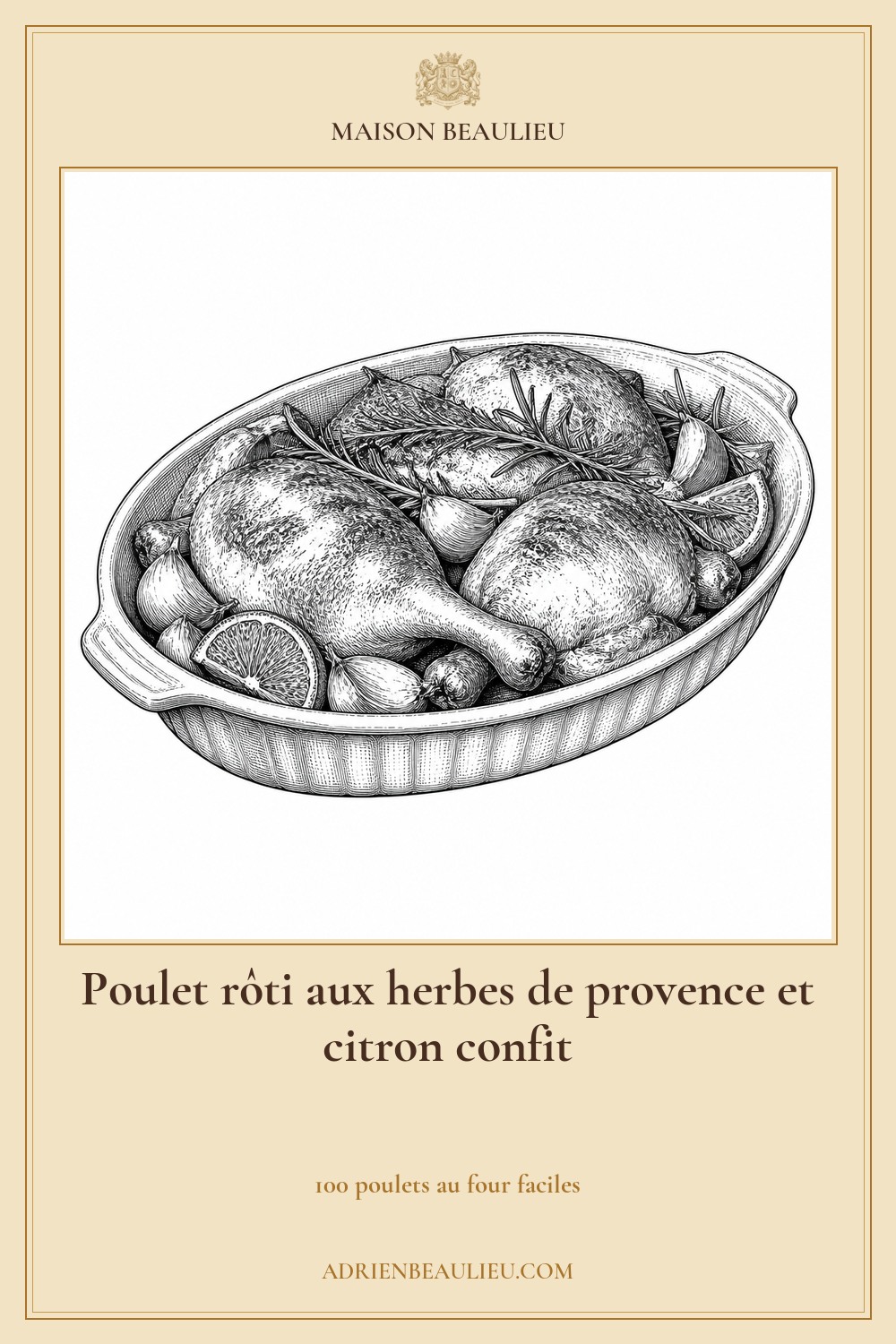 Illustration culinaire : poulet rôti aux herbes de provence et citron confit.