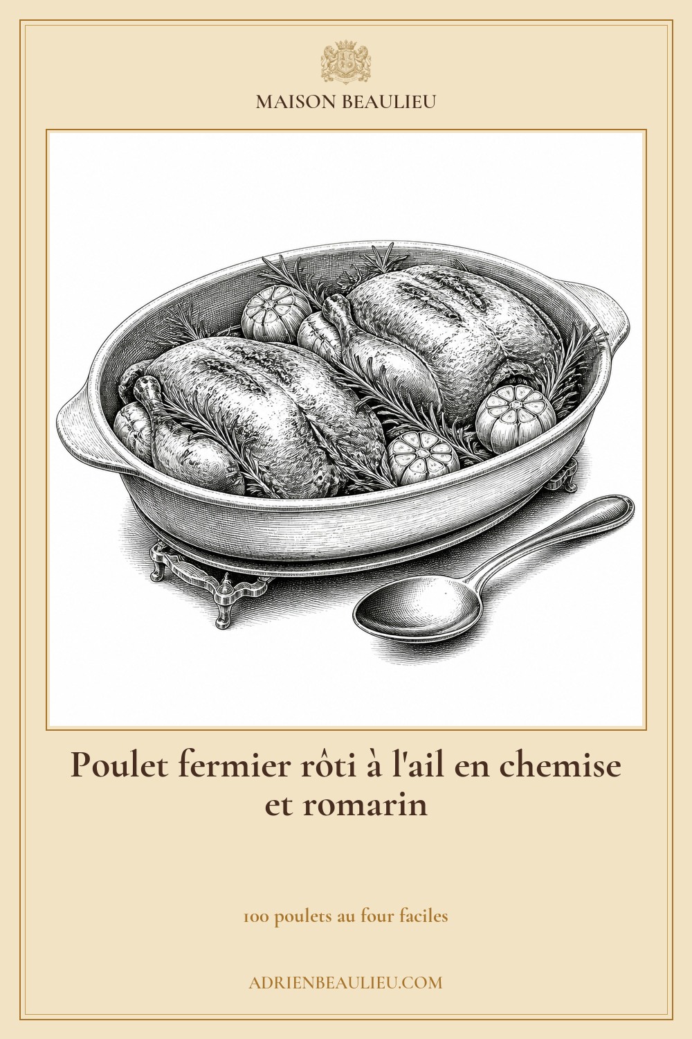 Illustration culinaire : poulet fermier rôti à l'ail en chemise et romarin.