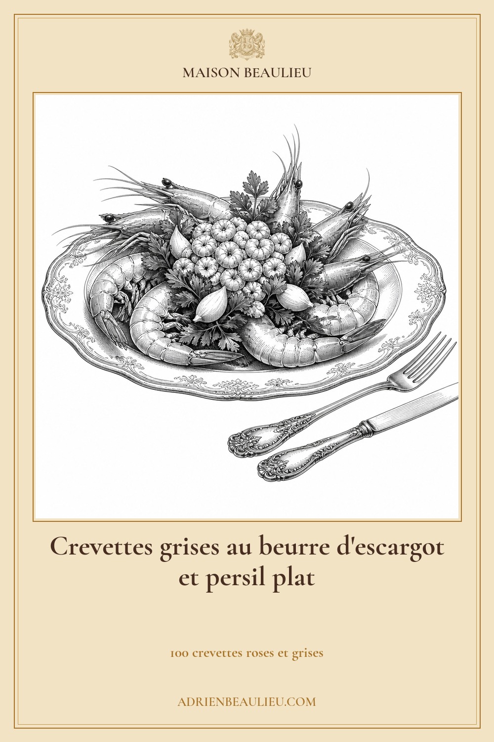 Illustration culinaire : crevettes grises au beurre d'escargot et persil plat.