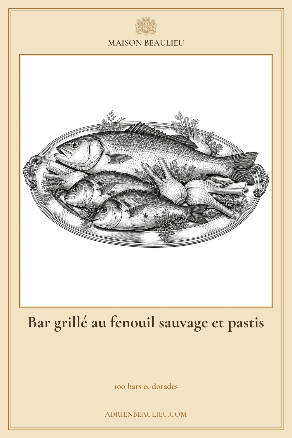 Illustration culinaire : bar grillé au fenouil sauvage et pastis.