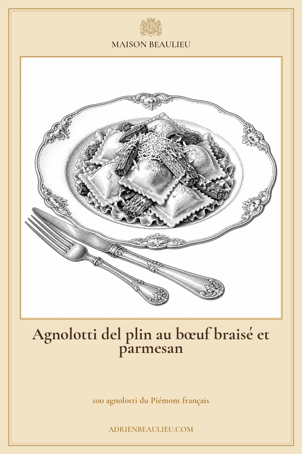 Illustration culinaire : agnolotti del plin au bœuf braisé et parmesan.