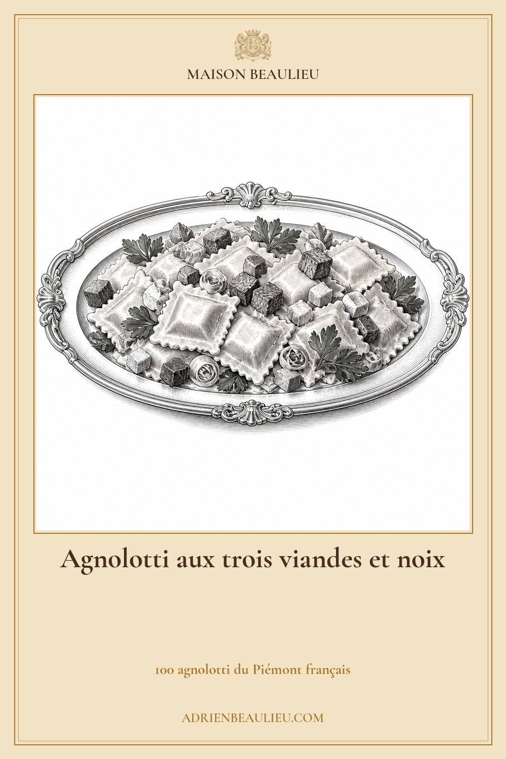 Illustration culinaire : agnolotti aux trois viandes et noix.