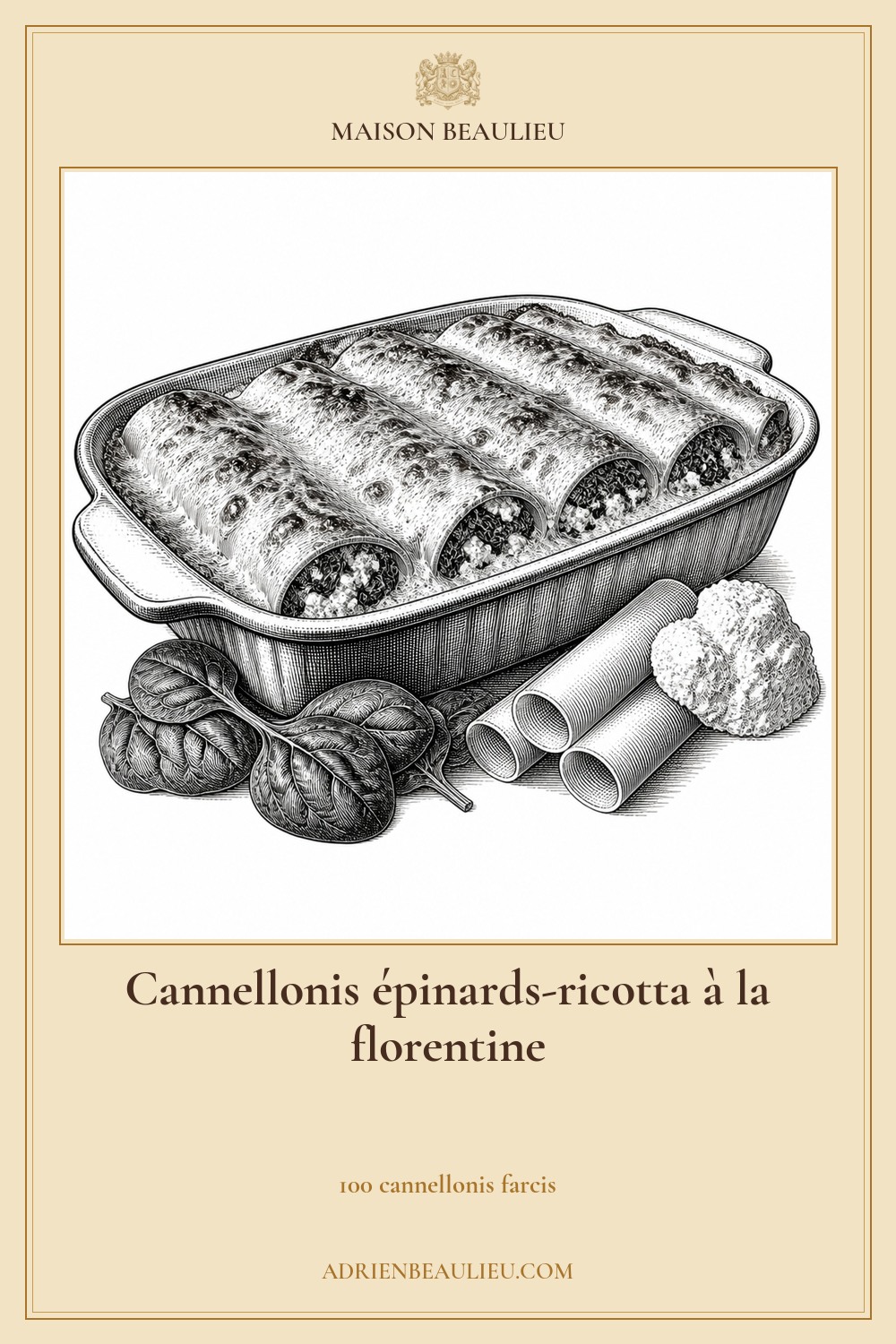 Illustration culinaire : cannellonis épinards-ricotta à la florentine.