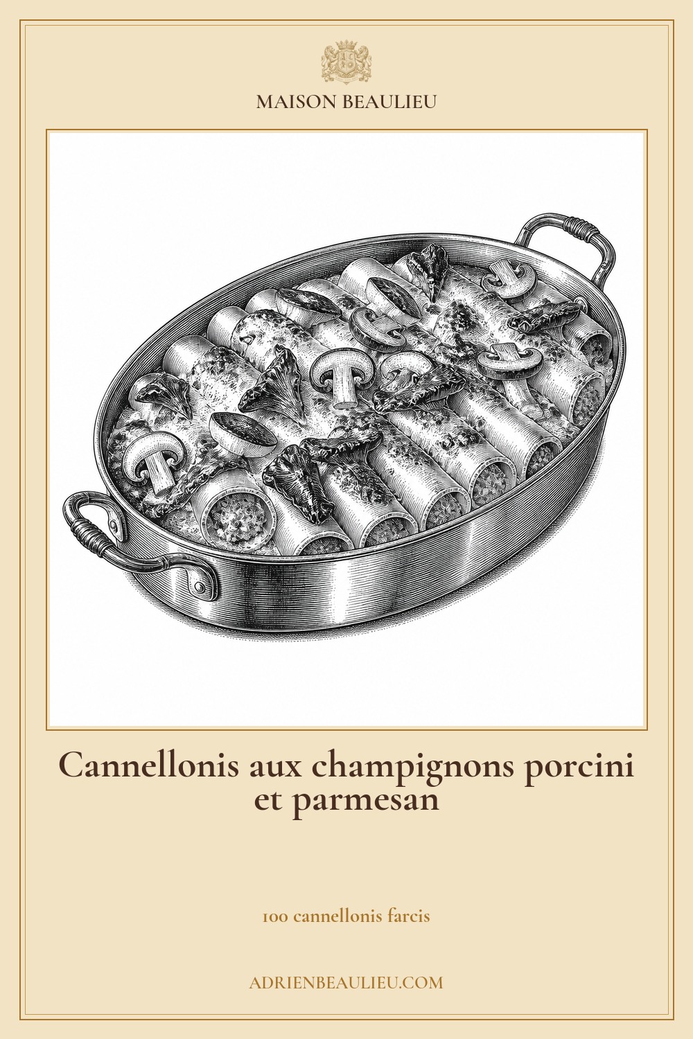 Illustration culinaire : cannellonis aux champignons porcini et parmesan.
