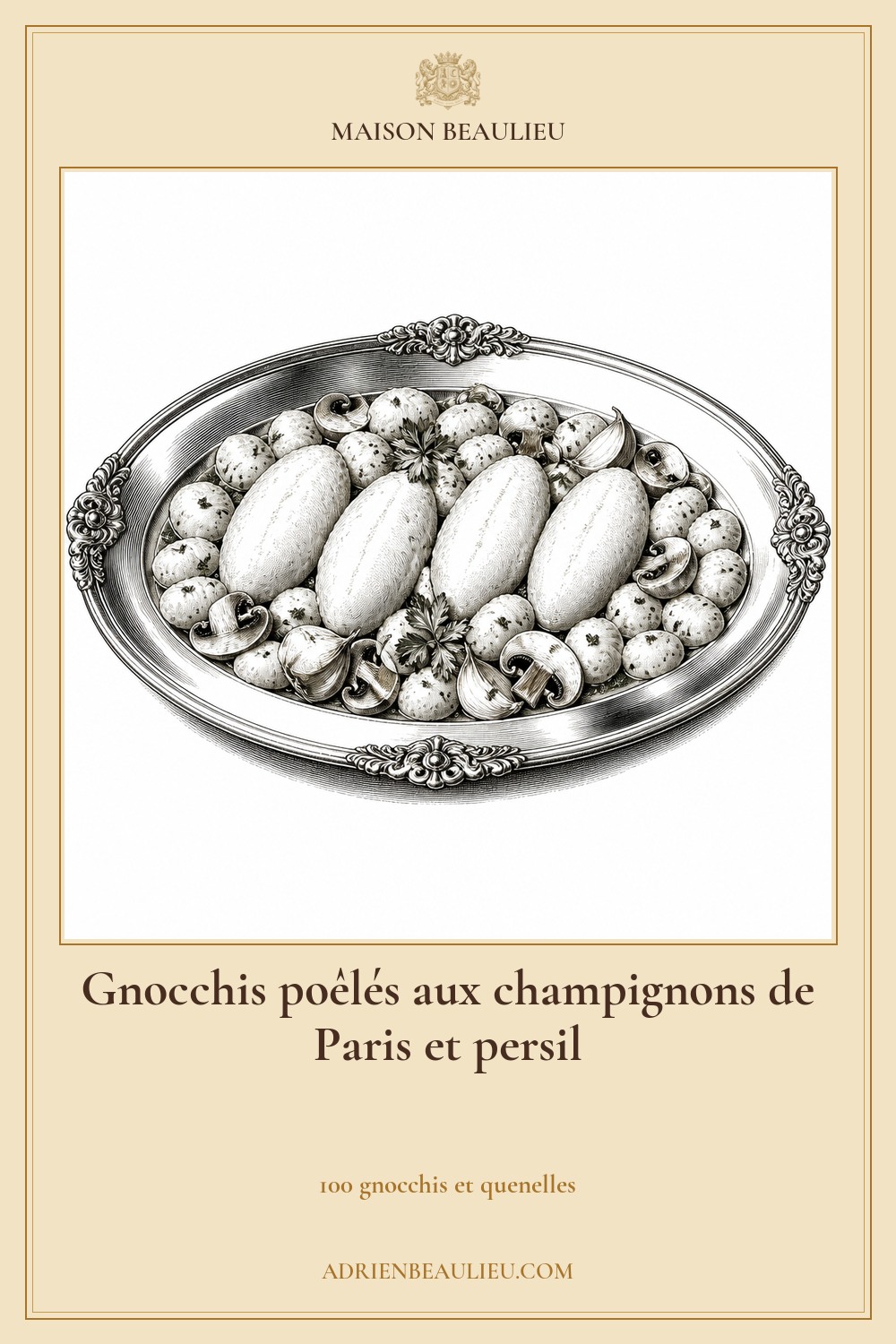 Illustration culinaire : gnocchis poêlés aux champignons de Paris et persil.