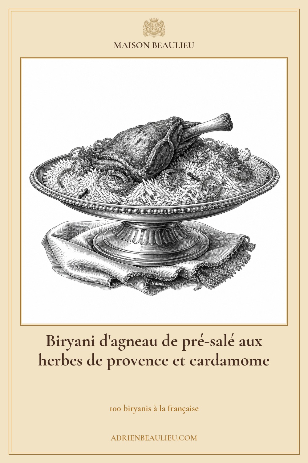 Illustration culinaire : biryani d'agneau de pré-salé aux herbes de provence et cardamome.