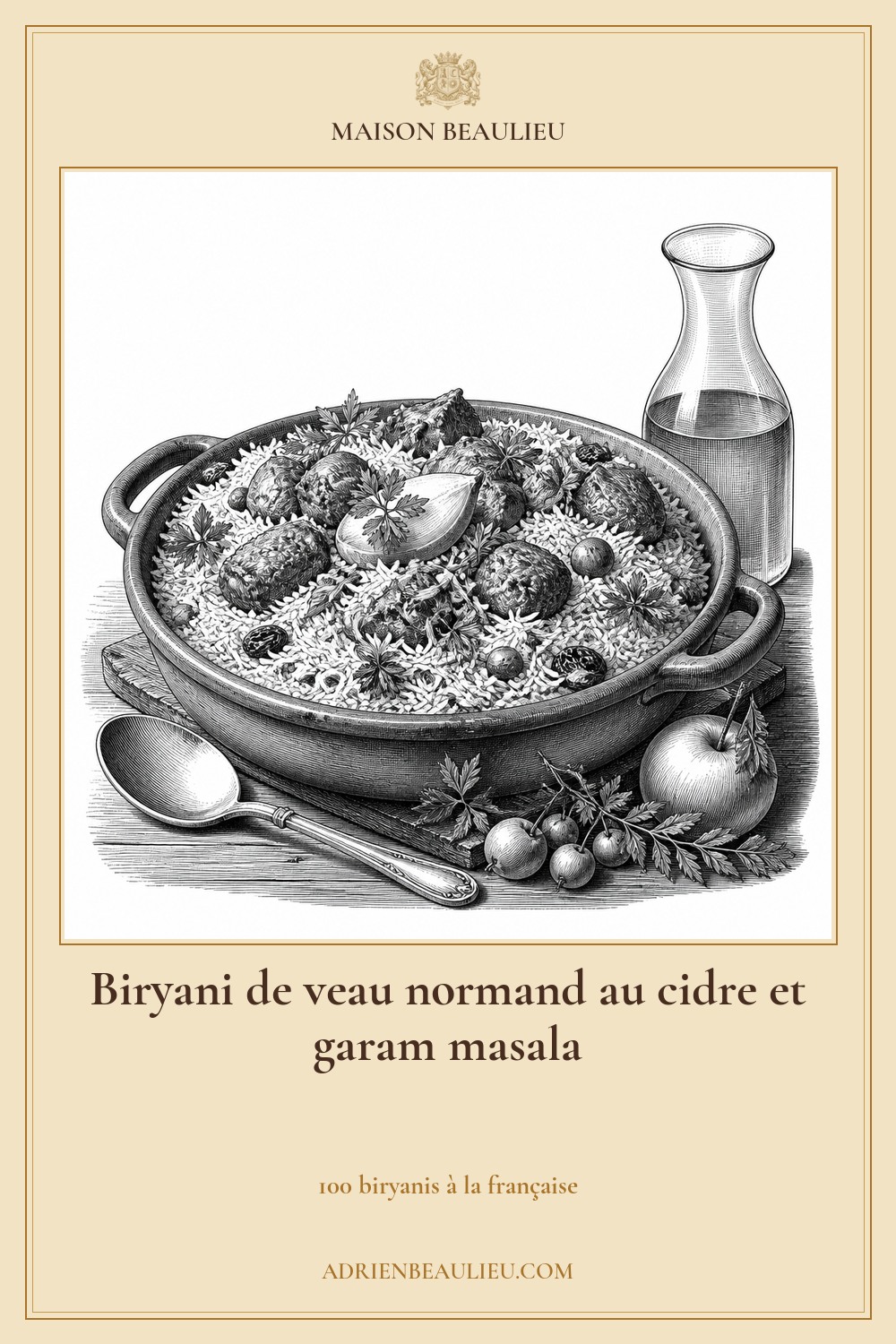 Illustration culinaire : biryani de veau normand au cidre et garam masala.