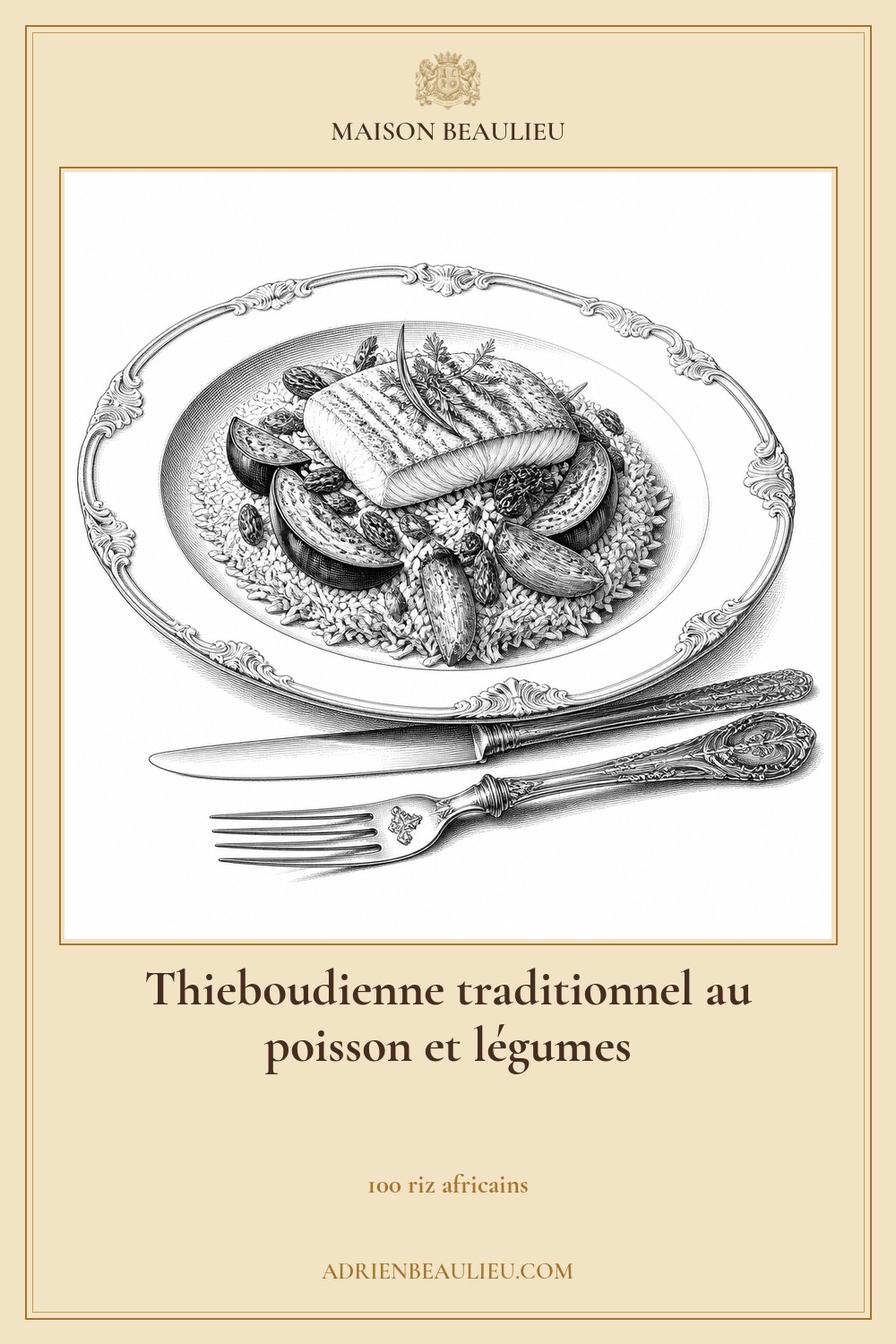 Illustration culinaire : thieboudienne traditionnel au poisson et légumes.