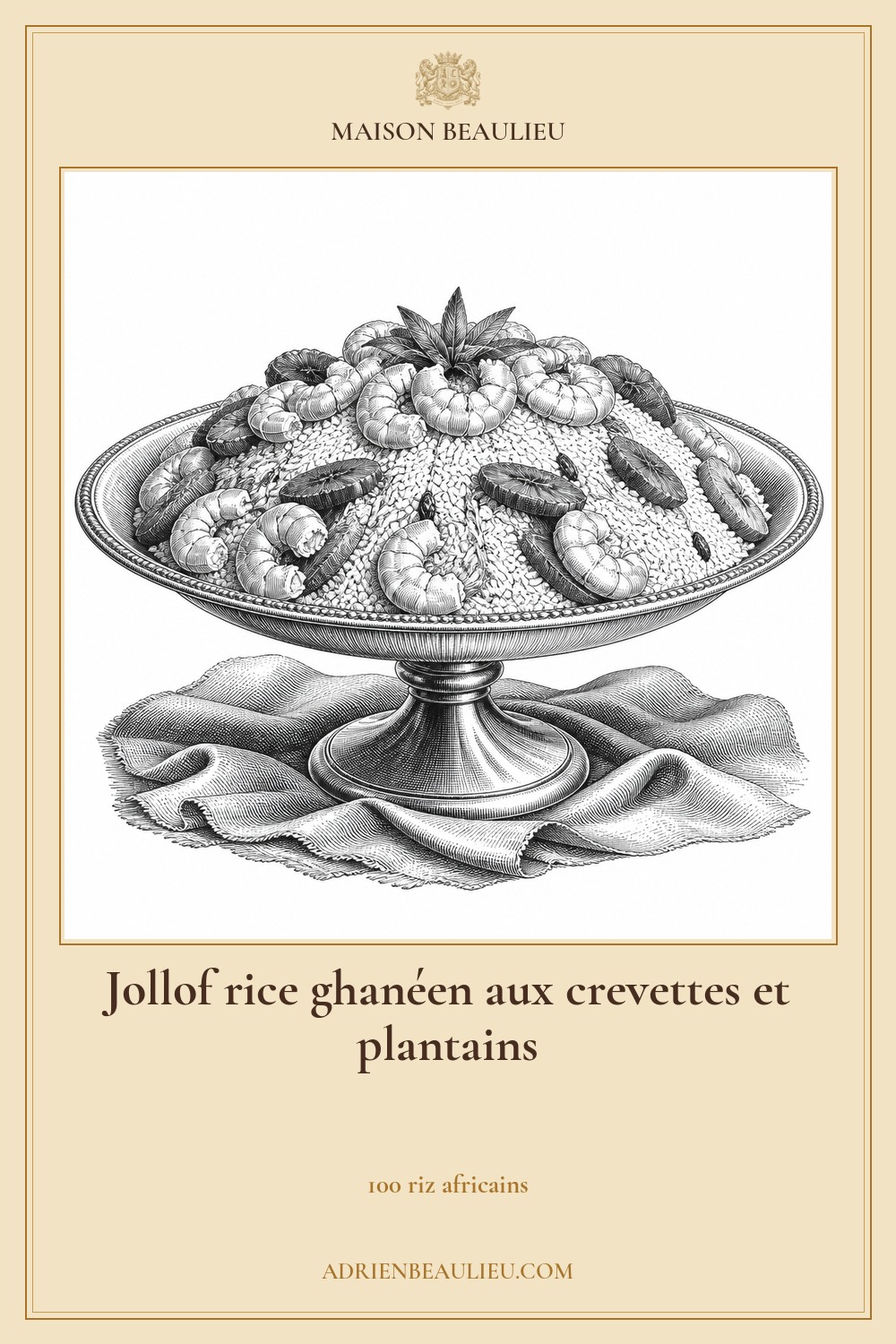 Illustration culinaire : jollof rice ghanéen aux crevettes et plantains.