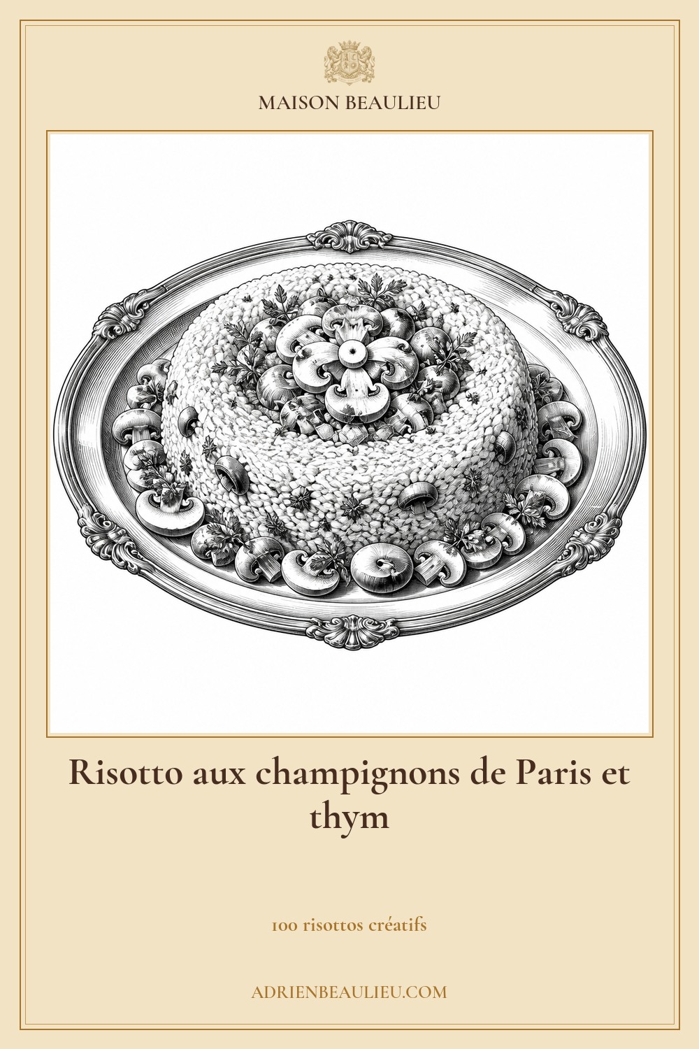 Illustration culinaire : risotto aux champignons de Paris et thym.