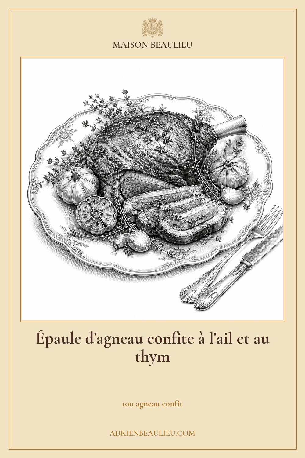 Illustration culinaire : épaule d'agneau confite à l'ail et au thym.