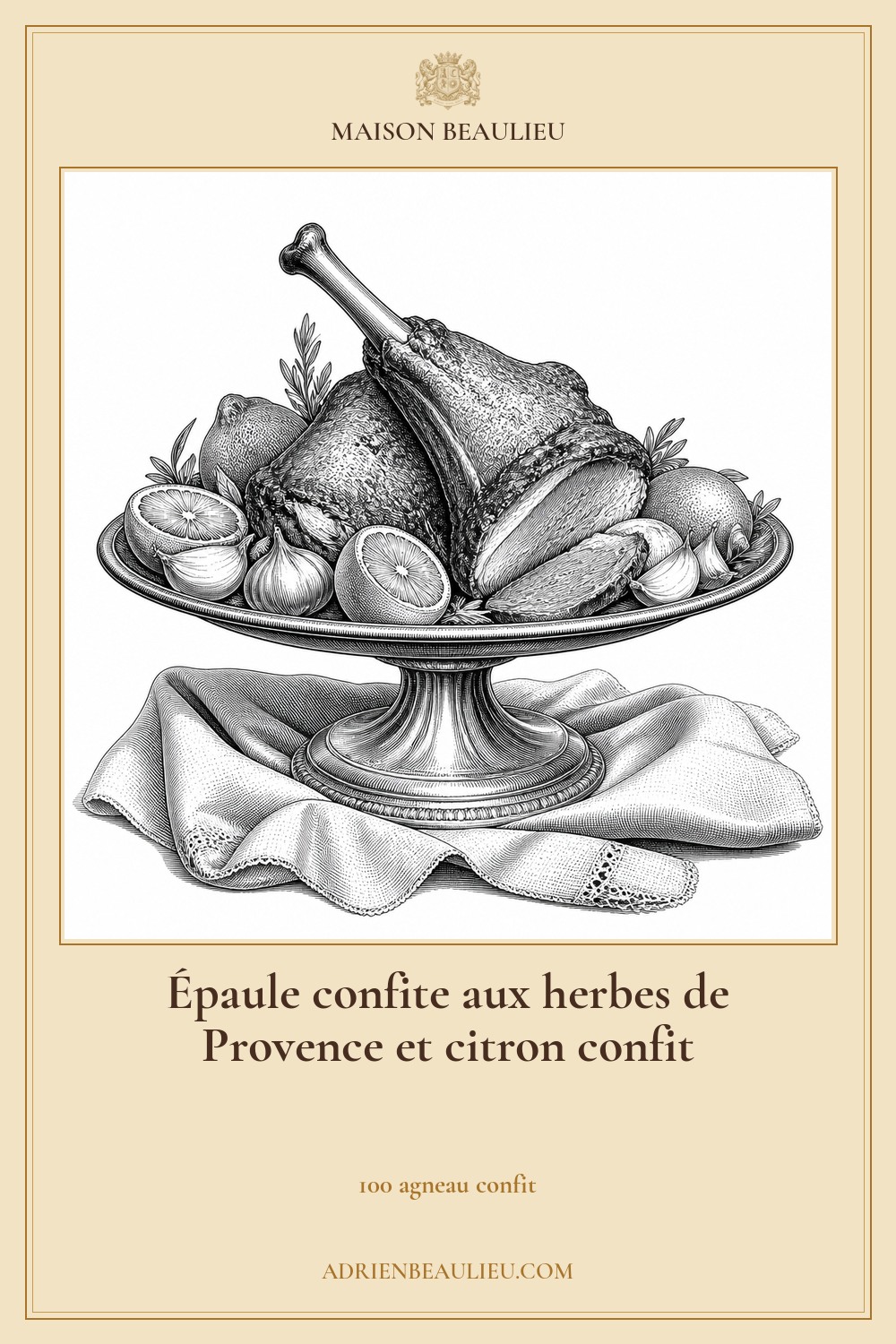 Illustration culinaire : épaule confite aux herbes de Provence et citron confit.