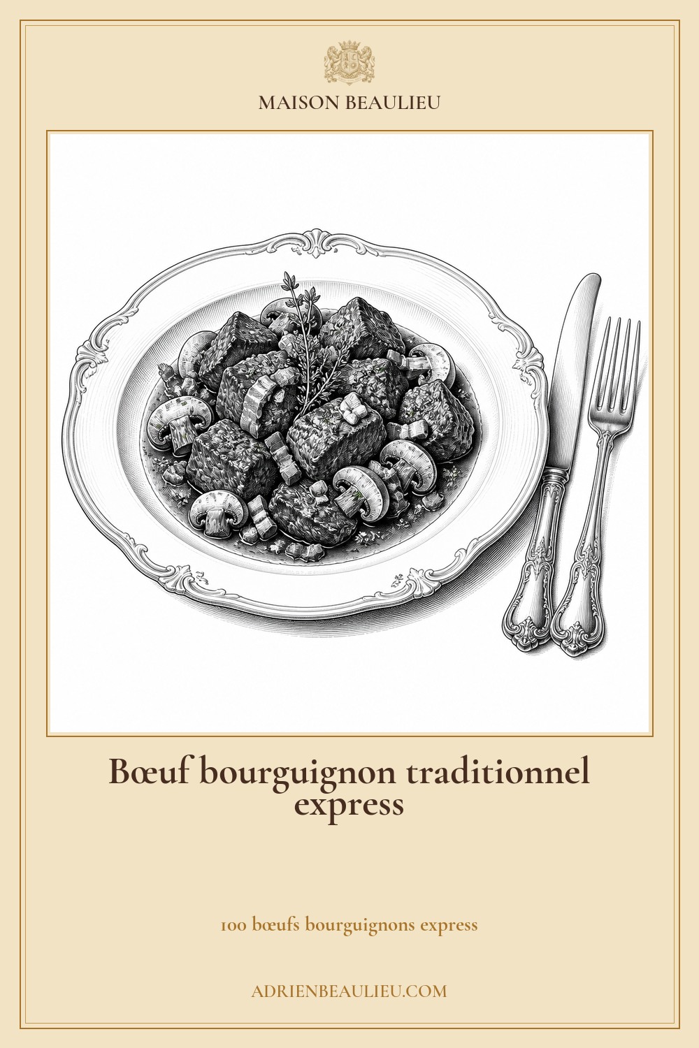 Illustration culinaire : bœuf bourguignon traditionnel express.