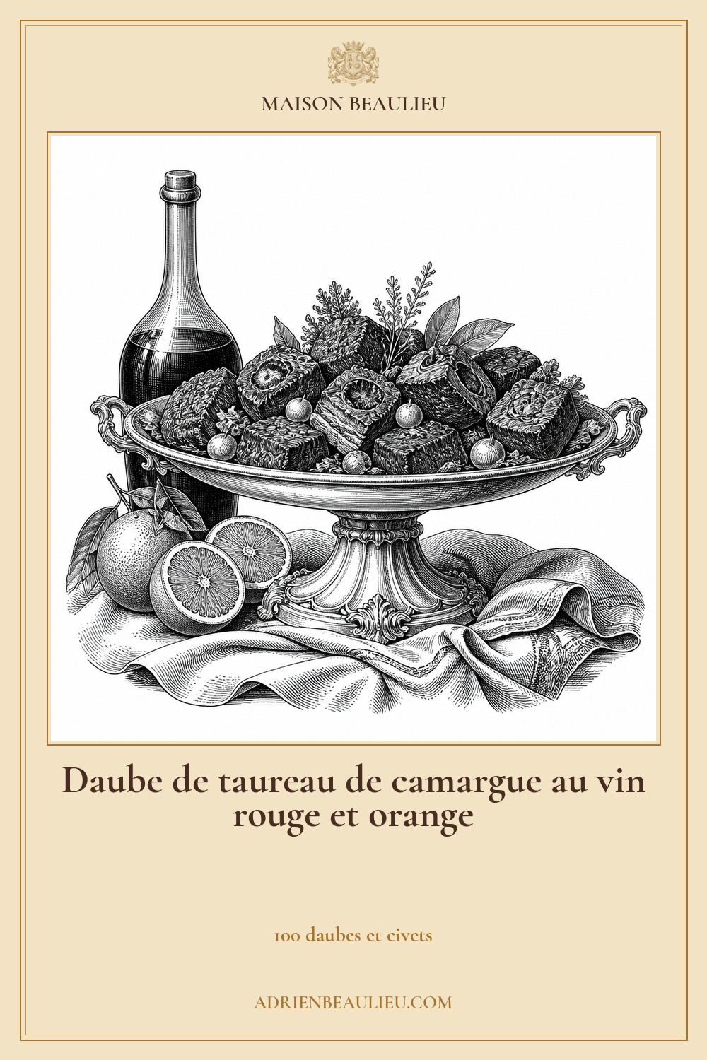 Illustration culinaire : daube de taureau de camargue au vin rouge et orange.