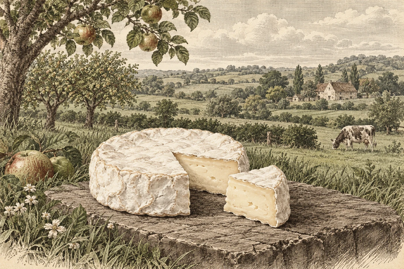 Illustration gravée de Camembert de Normandie