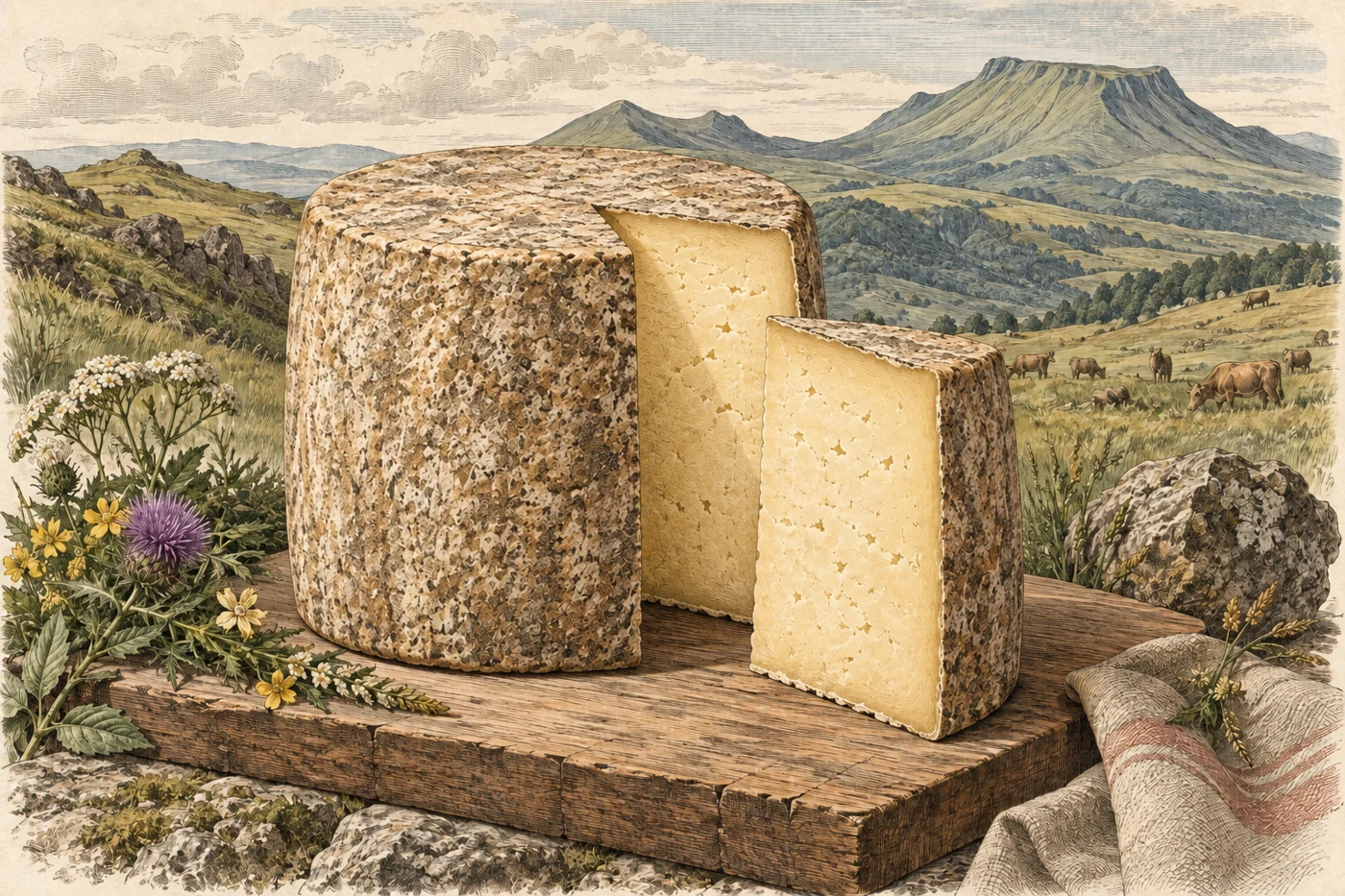 Illustration gravée de Cantal ou Fourme de Cantal, évocatrice et non documentaire