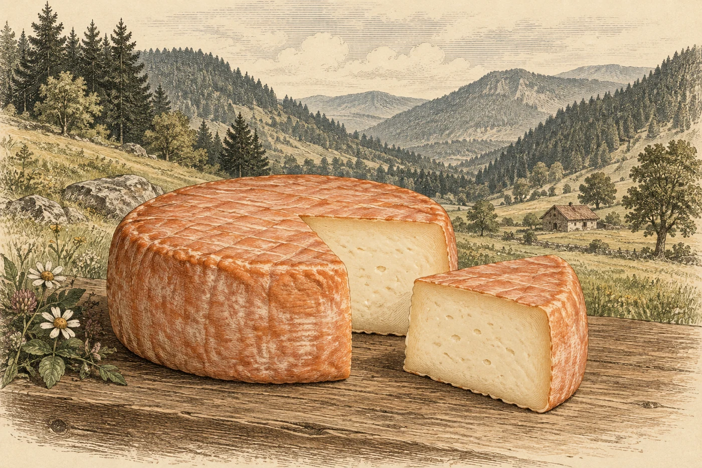 Illustration gravée de Munster ou Munster-Géromé, évocatrice et non documentaire