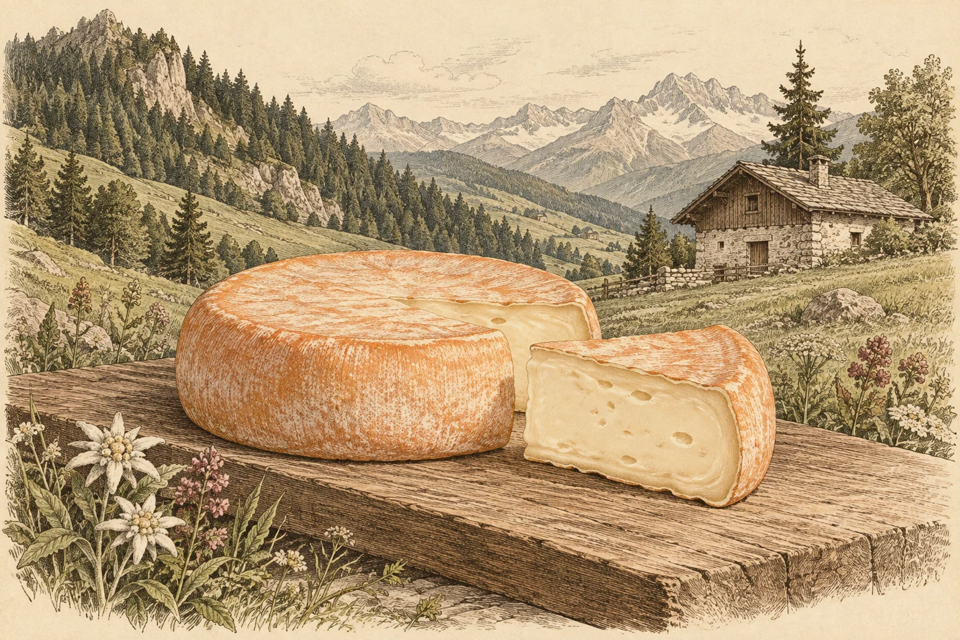 Illustration gravée de Reblochon ou Reblochon de Savoie, évocatrice et non documentaire