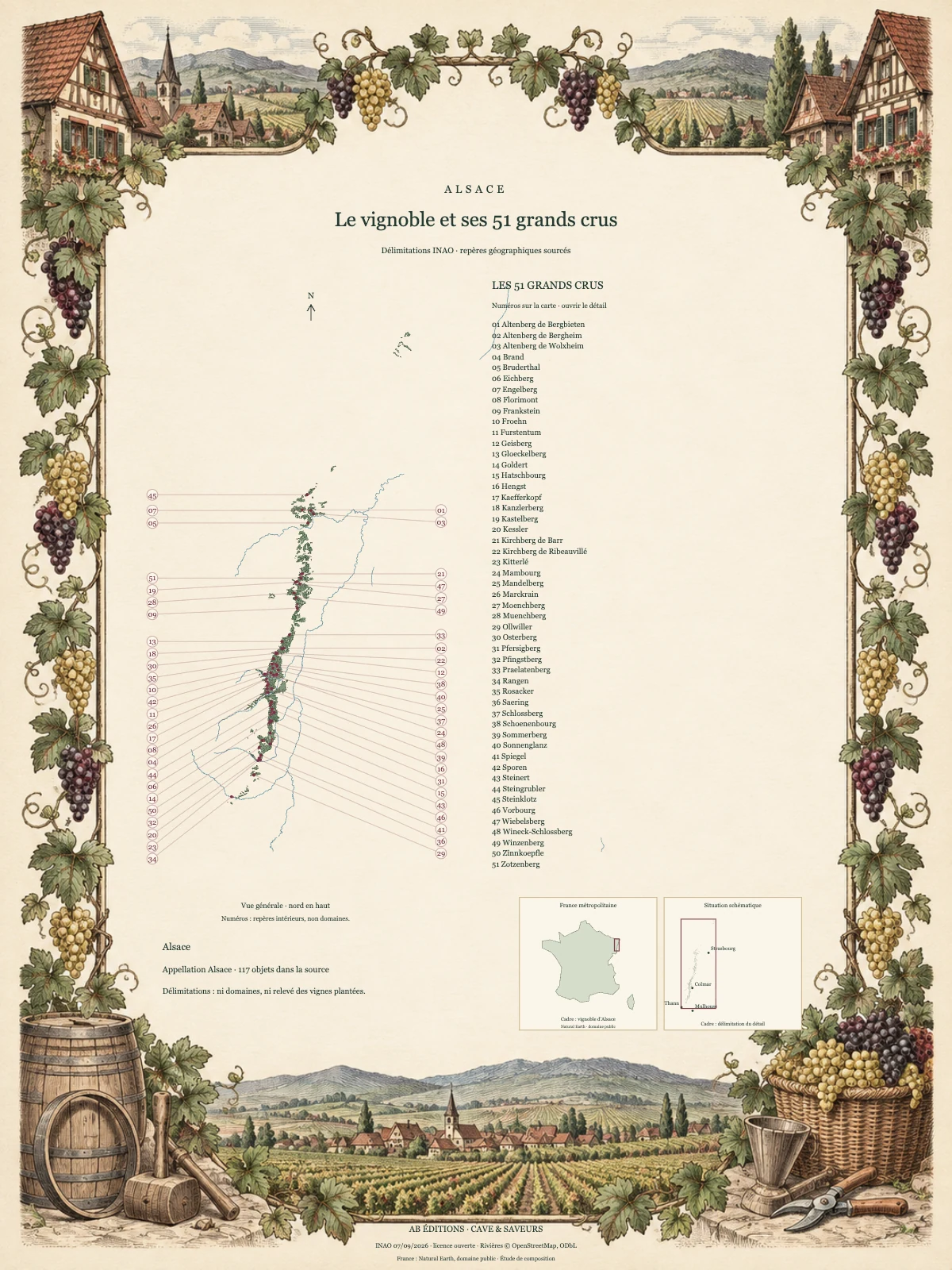 Vue générale illustrée de l’Alsace et index des 51 grands crus