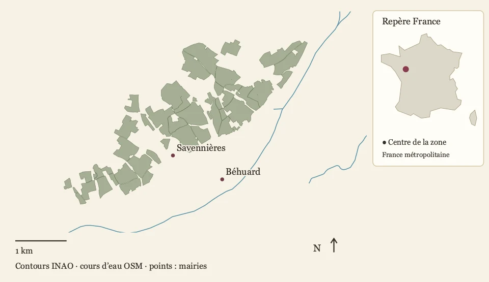 Délimitation parcellaire Savennières et repère en France