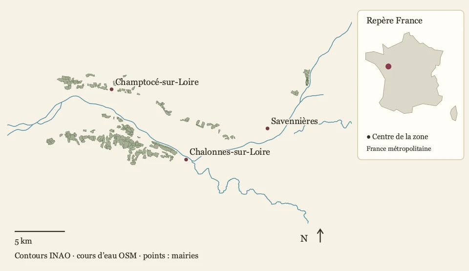 Délimitation parcellaire Anjou-Coteaux de la Loire et repère en France