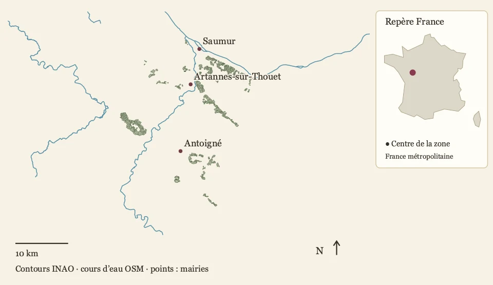 Délimitation parcellaire Coteaux de Saumur et repère en France