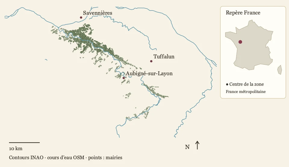 Délimitation parcellaire Coteaux du Layon et repère en France