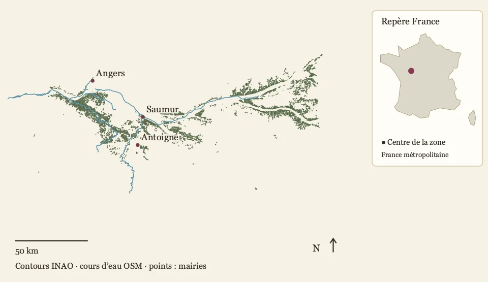 Délimitation parcellaire Crémant de Loire et repère en France