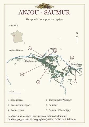 Recto de la carte Anjou–Saumur : la Loire, les aires en vert et six appellations numérotées autour d’Angers et Saumur.