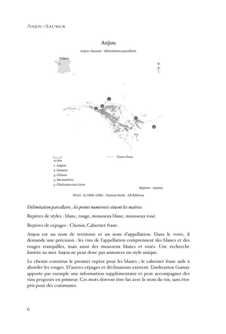 Page du livre : la carte de l’appellation Anjou, sa légende de repères et le début de la fiche.