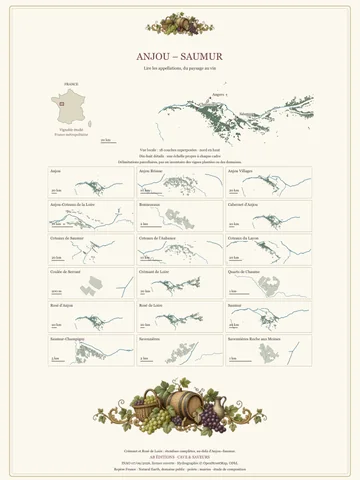 Poster Anjou–Saumur : une carte générale en haut et dix-huit petites cartes d’appellations en grille.