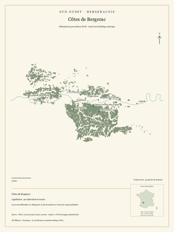 Délimitation parcellaire de Côtes de Bergerac, avec repères géographiques
