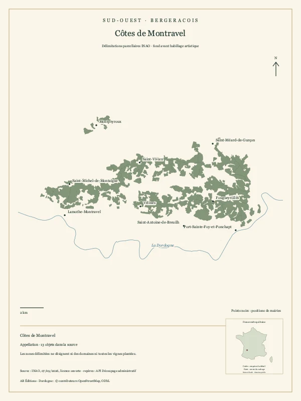 Délimitation parcellaire de Côtes de Montravel, avec repères géographiques