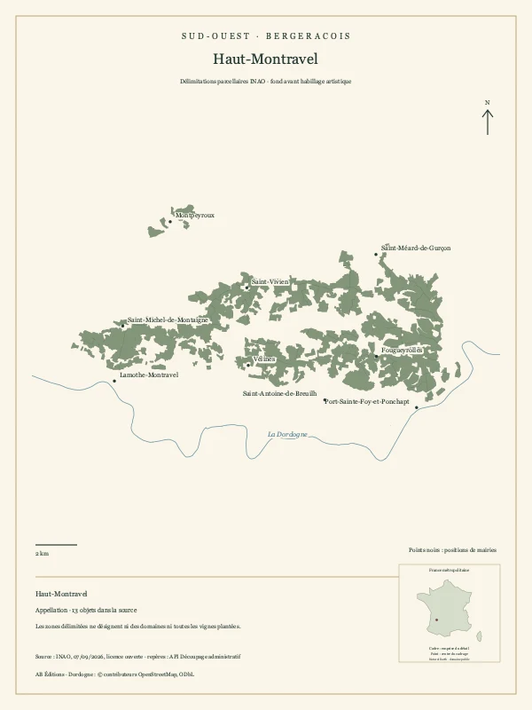 Délimitation parcellaire de Haut-Montravel, avec repères géographiques