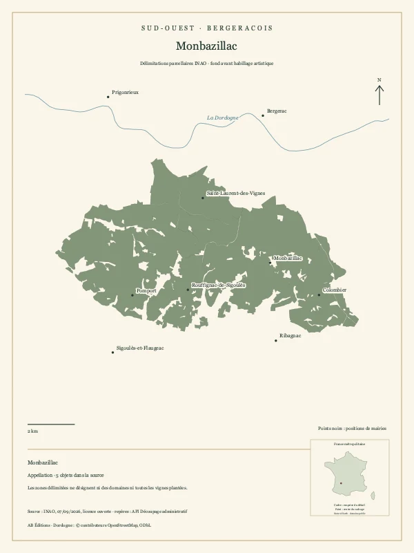 Délimitation parcellaire de Monbazillac, avec repères géographiques