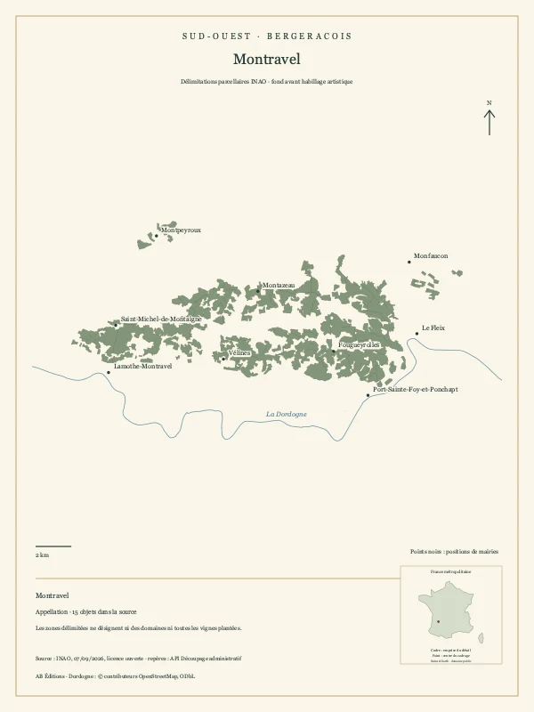 Délimitation parcellaire de Montravel, avec repères géographiques