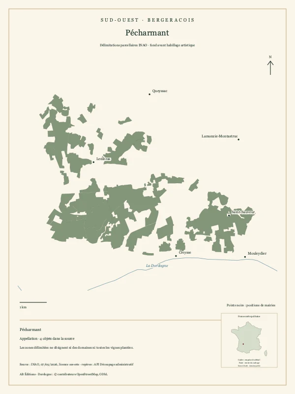 Délimitation parcellaire de Pécharmant, avec repères géographiques