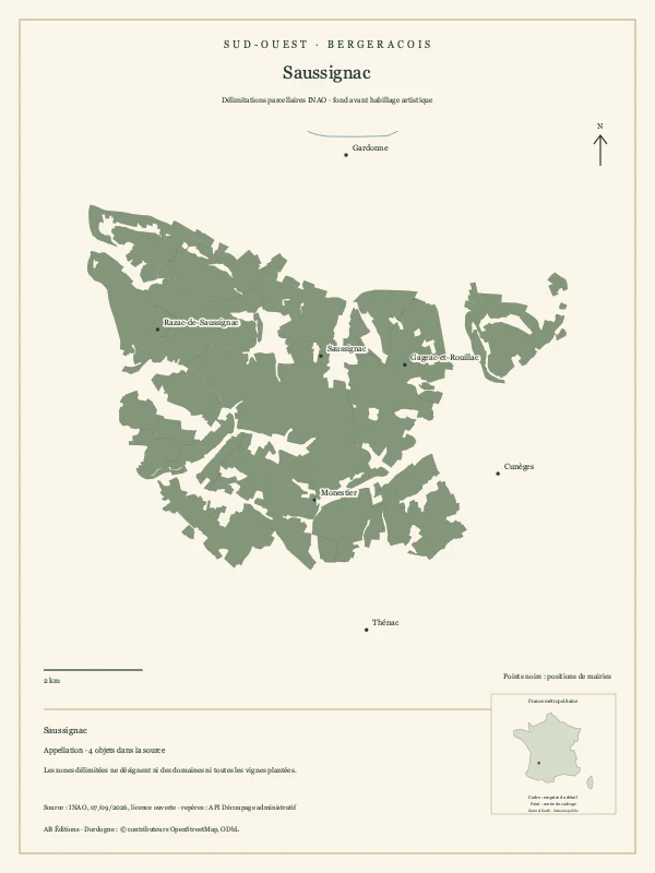 Délimitation parcellaire de Saussignac, avec repères géographiques