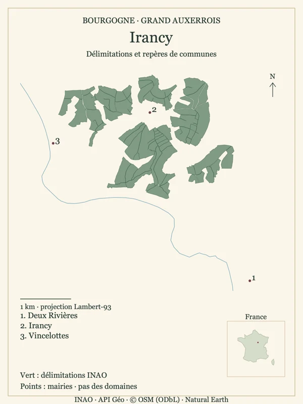 Irancy : contours INAO natifs, mairies numérotées et hydrographie indicative. Les points ne désignent pas des domaines ; les surfaces ne mesurent pas les vignes plantées.