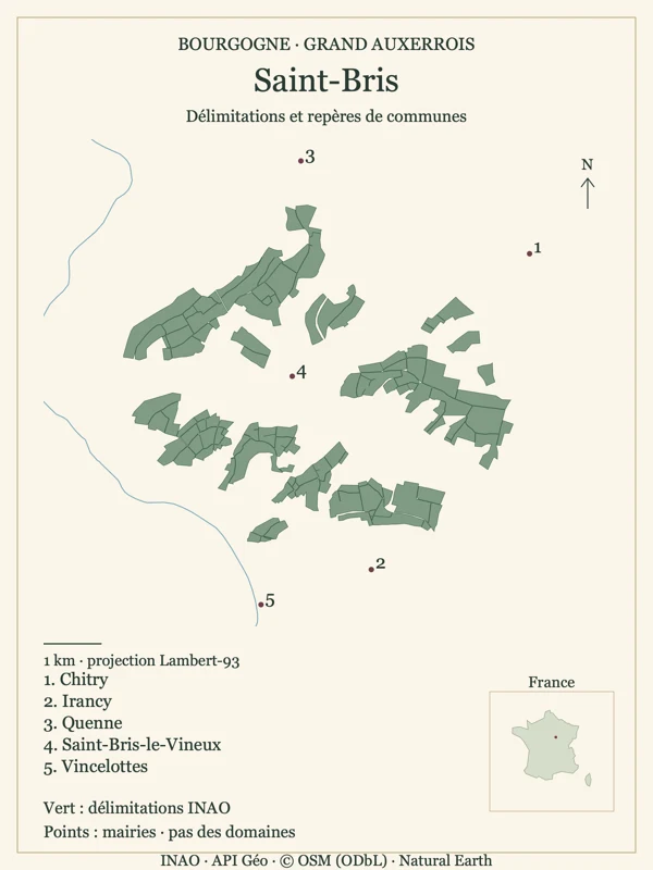 Saint-Bris : contours INAO natifs, mairies numérotées et hydrographie indicative. Les points ne désignent pas des domaines ; les surfaces ne mesurent pas les vignes plantées.