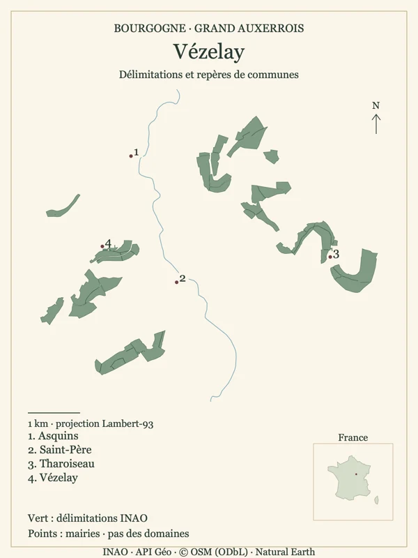 Vézelay : contours INAO natifs, mairies numérotées et hydrographie indicative. Les points ne désignent pas des domaines ; les surfaces ne mesurent pas les vignes plantées.