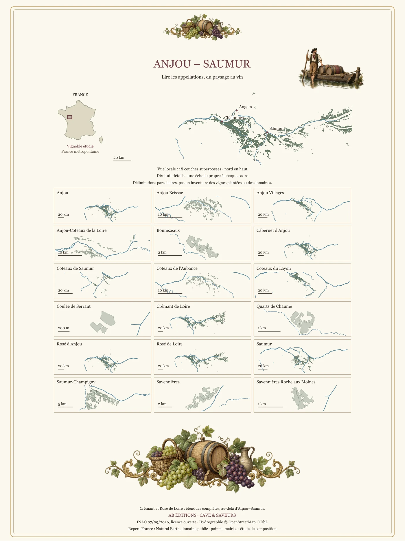 Poster cartographique : Anjou–Saumur, dix-huit détails
