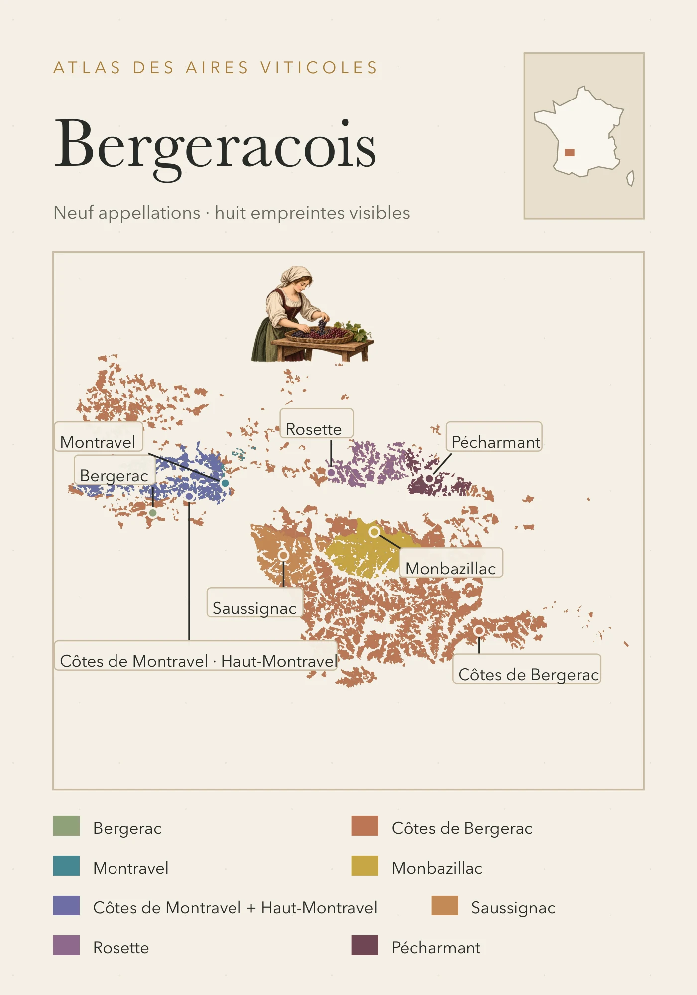 Recto de la carte : Bergeracois — neuf appellations