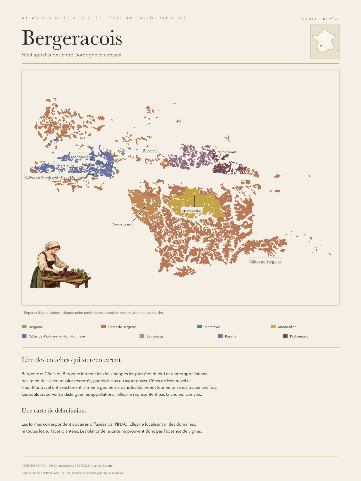 Poster cartographique : Bergeracois — neuf appellations