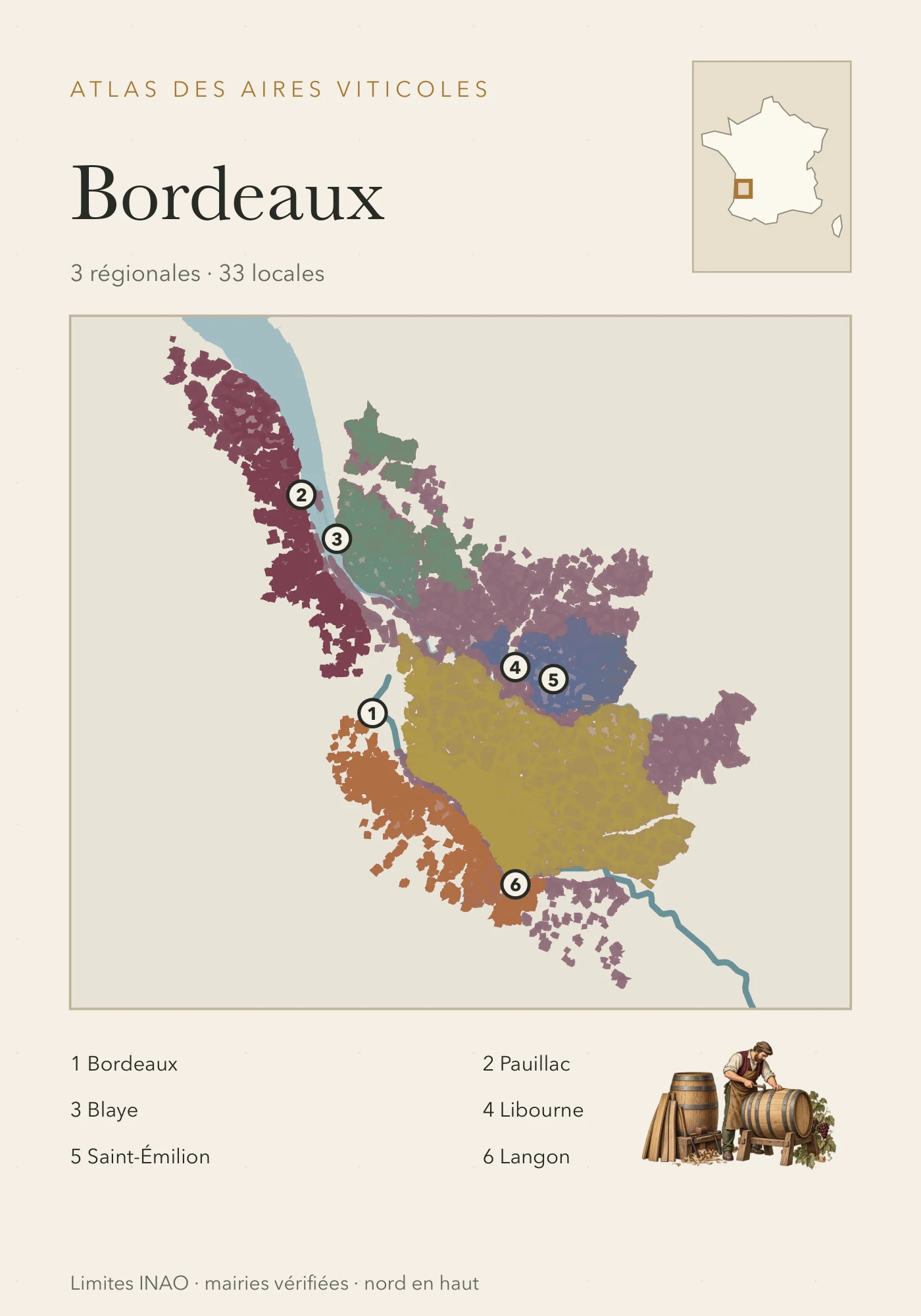 Carte Bordeaux — vue d’ensemble du vignoble, recto
