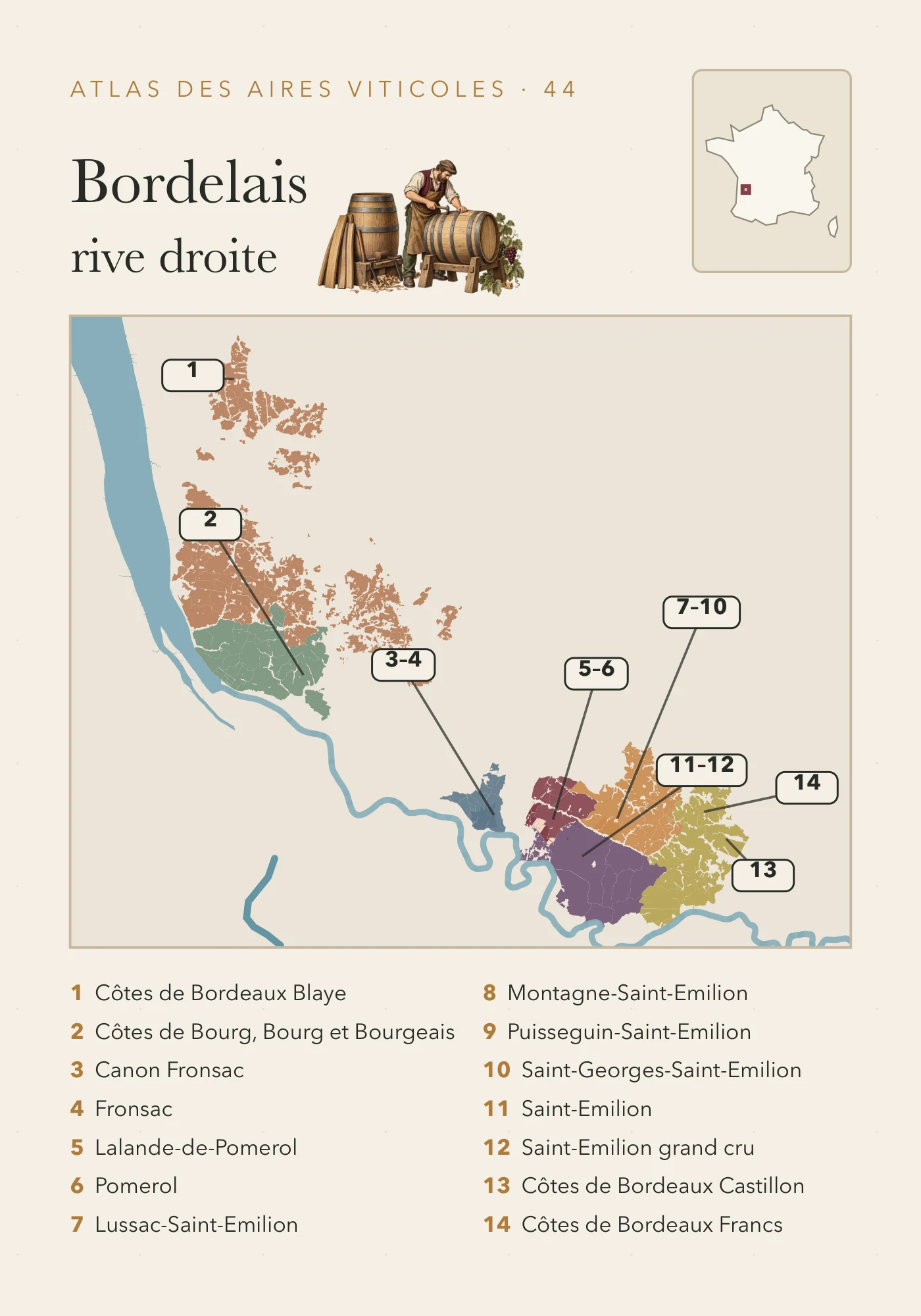 Recto de la carte : Bordelais rive droite — quatorze entrées