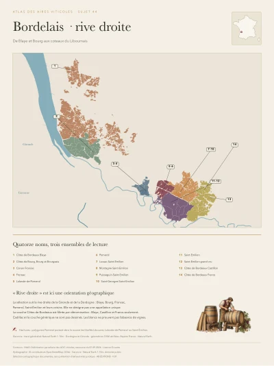 Poster cartographique : Bordelais rive droite — quatorze entrées