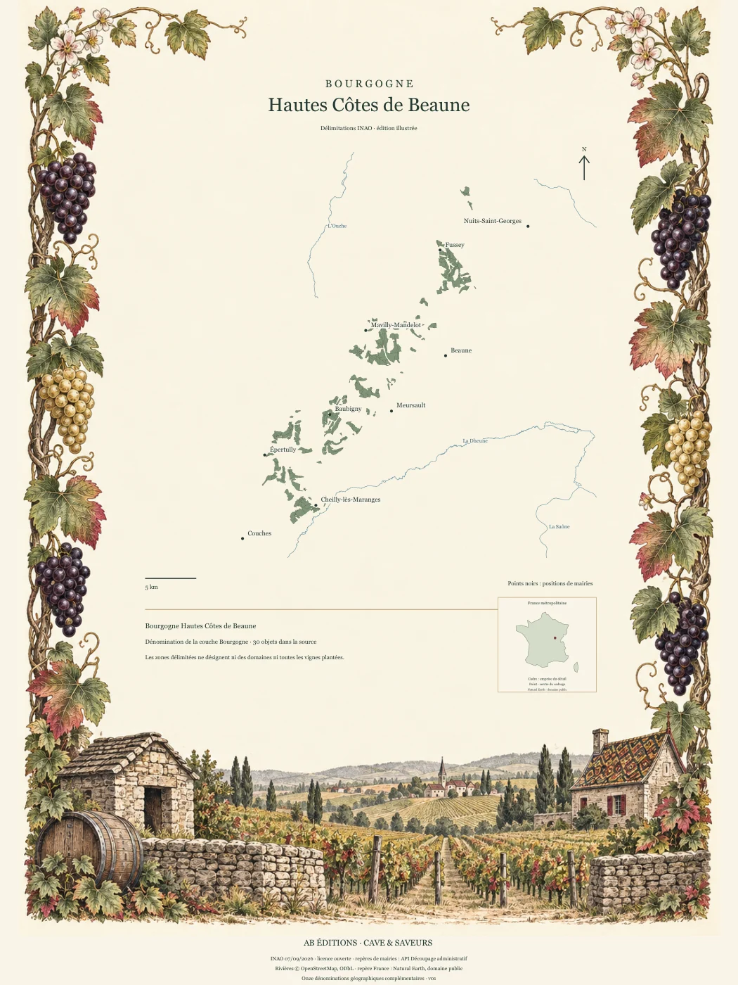 Poster cartographique : Bourgogne Hautes Côtes de Beaune
