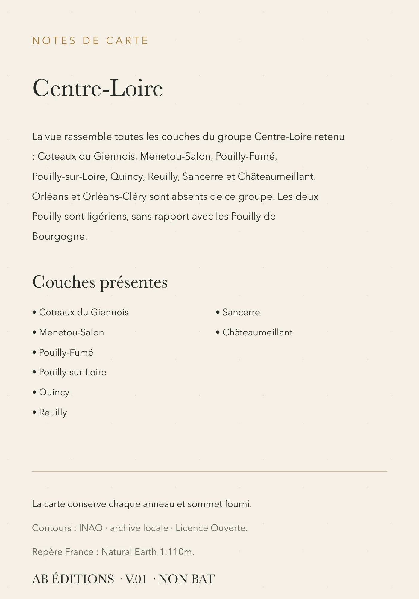 Carte Centre-Loire — huit appellations, verso